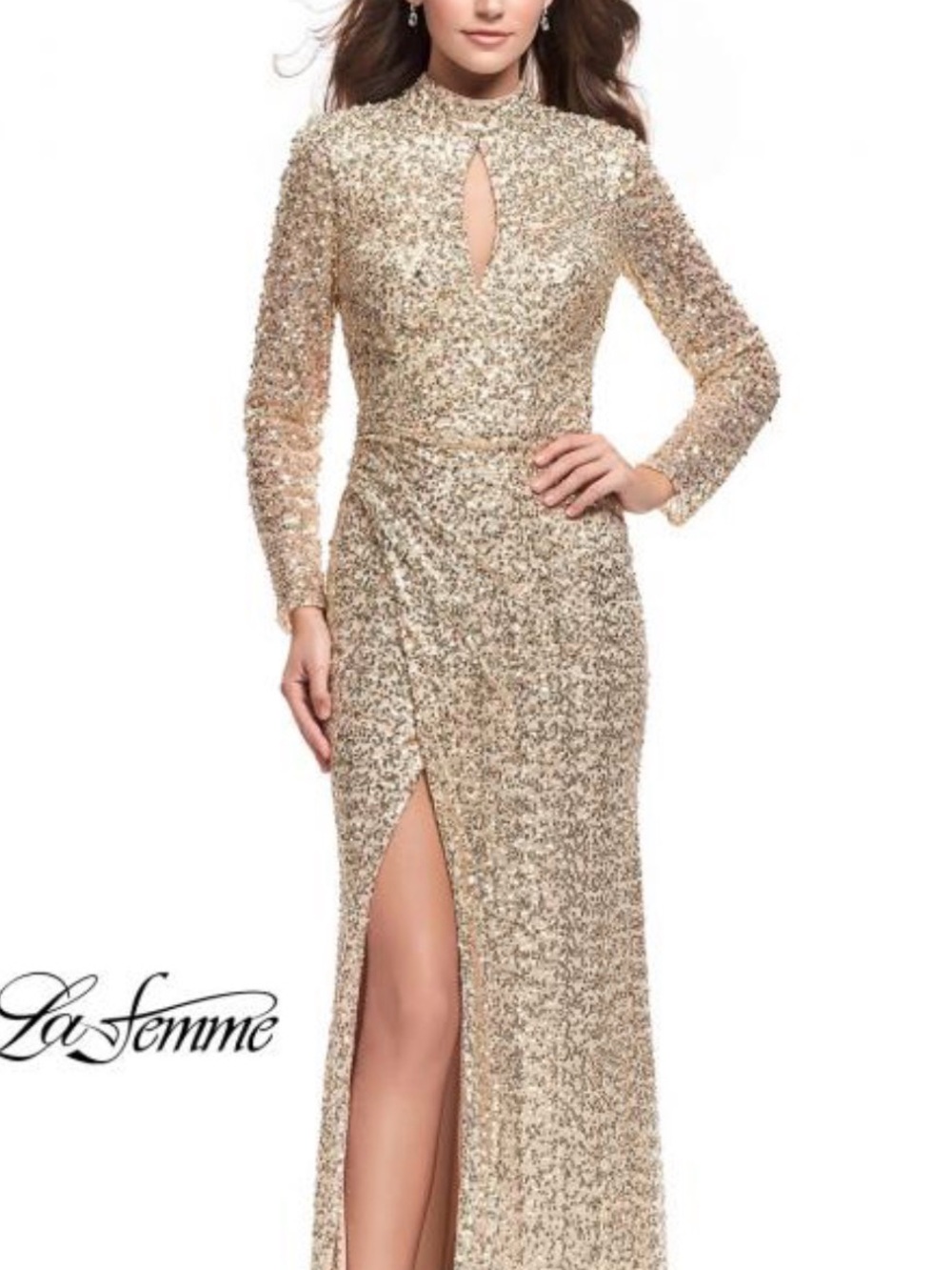 NWT La Femme Gold Sequin Long Sleeve Keyhole Gown with High Slit